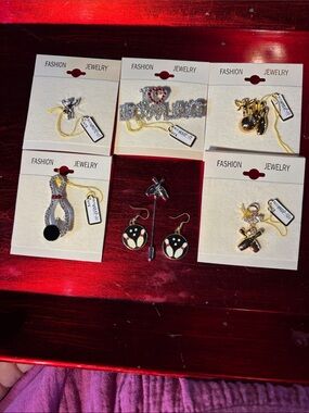 Bowling Theme 7pc. Jewelry lot w/pins, earrings, angels & rhinestones